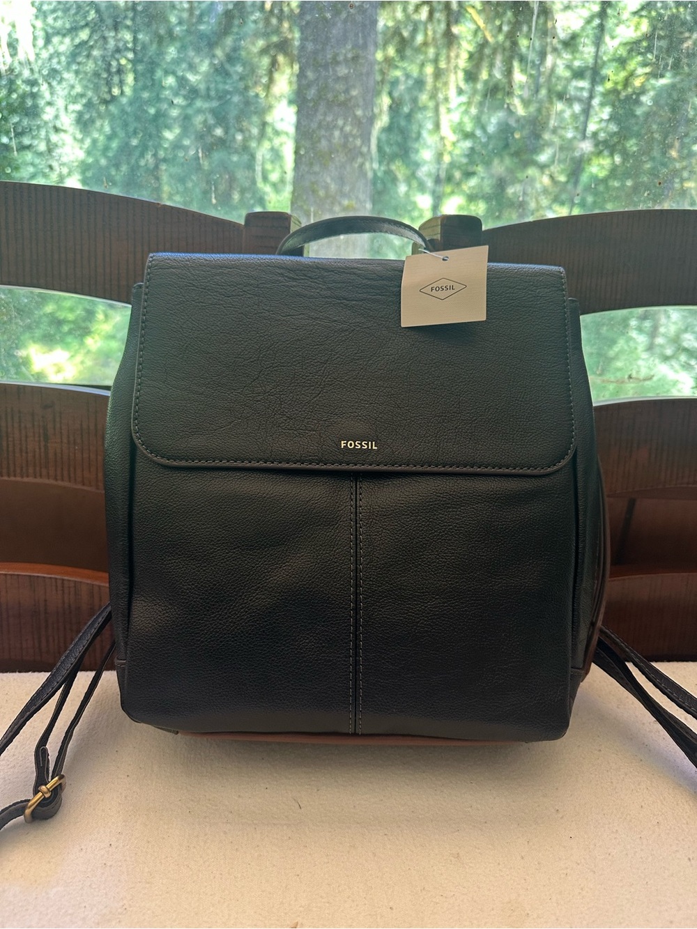 NWT Fossil Women Black & Brown Trim Leather Mini Backpack with Gold Accent